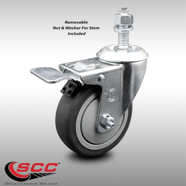 4 Inch SS Thermoplastic Rubber 1/2 Inch Threaded Stem Caster with Total Lock Brake